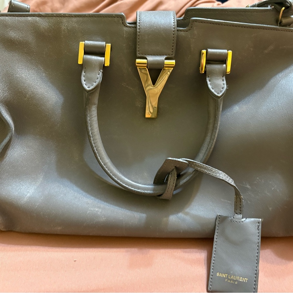 Saint Laurent Dark Gray Leather Handbag with Gold Hardware
